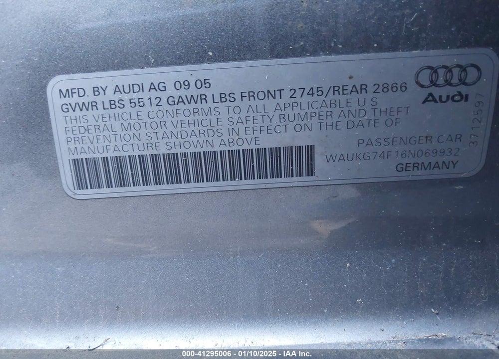 2006 AUDI A6 VIN: WAUKG74F16N069932