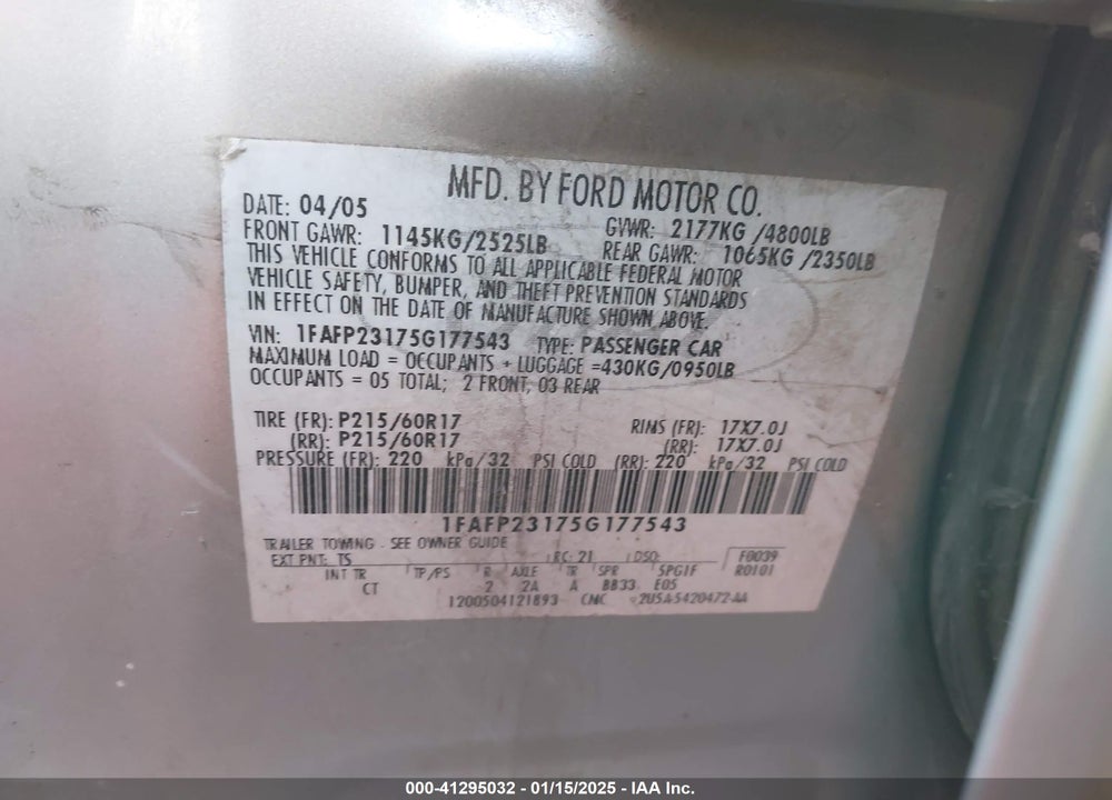 2005 FORD FIVE HUNDRED SE VIN: 1FAFP23175G177543