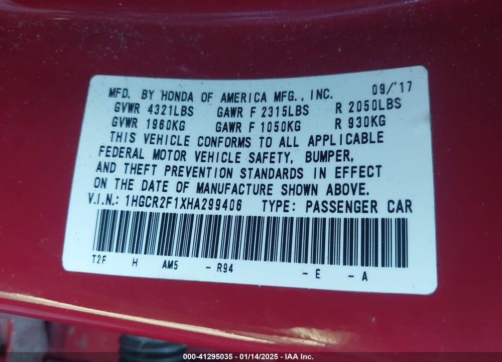 2017 HONDA ACCORD VIN: 1HGCR2F1XHA299406