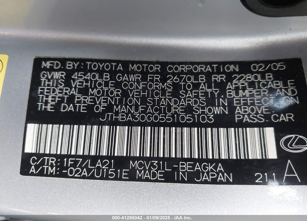 2005 LEXUS ES 330 VIN: JTHBA30G055105103