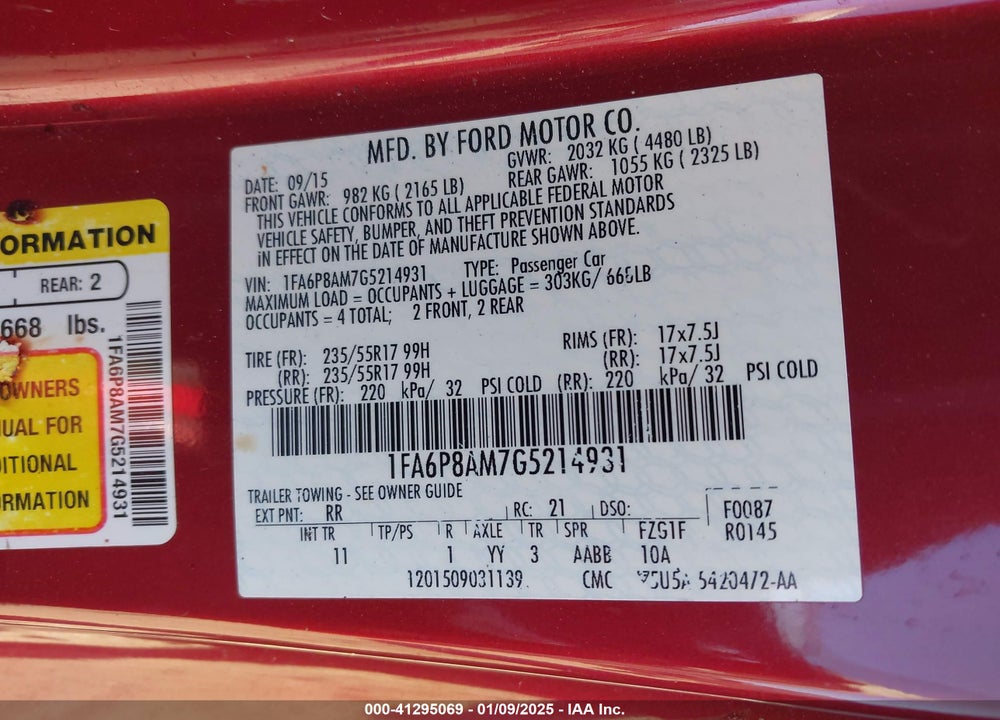 2016 FORD MUSTANG VIN: 1FA6P8AM7G5214931