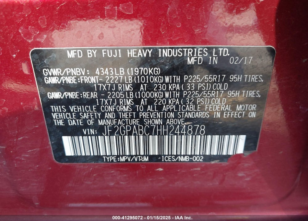 2017 SUBARU CROSSTREK 2.0I PREMIUM VIN: JF2GPABC7HH244878