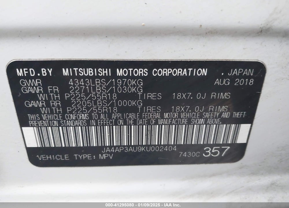 2019 MITSUBISHI OUTLANDER SPORT 2.0 ES VIN: JA4AP3AU9KU002404