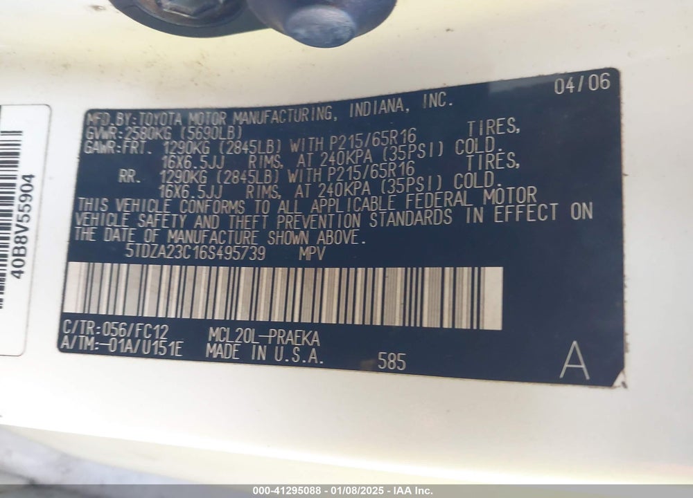 2006 TOYOTA SIENNA LE VIN: 5TDZA23C16S495739