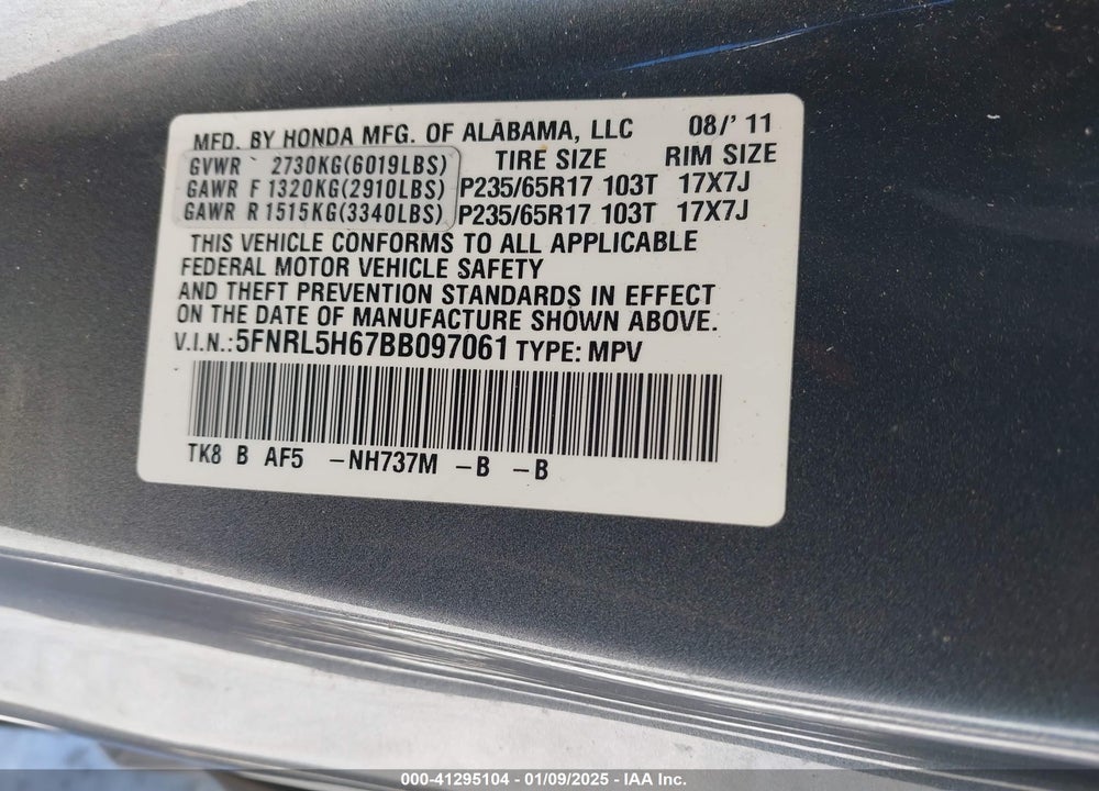 2011 HONDA ODYSSEY EX-L VIN: 5FNRL5H67BB097061