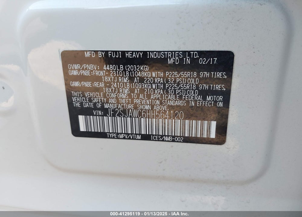 2017 SUBARU FORESTER 2.5I TOURING VIN: JF2SJAWC6HH564120