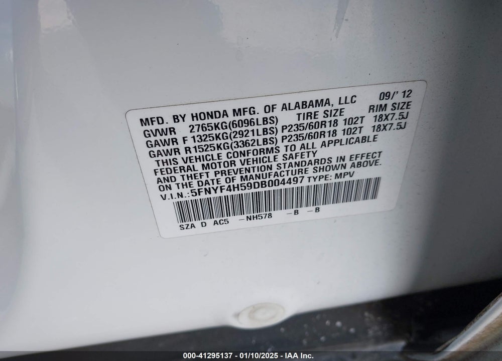 2013 HONDA PILOT EX-L VIN: 5FNYF4H59DB004497