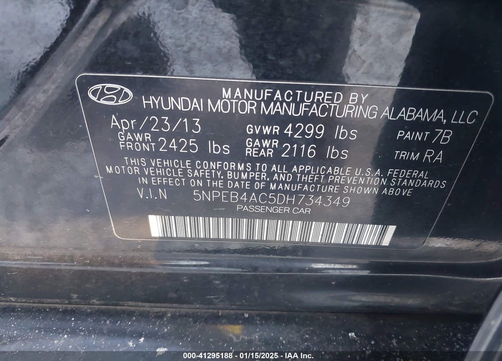 2013 HYUNDAI SONATA GLS VIN: 5NPEB4AC5DH734349