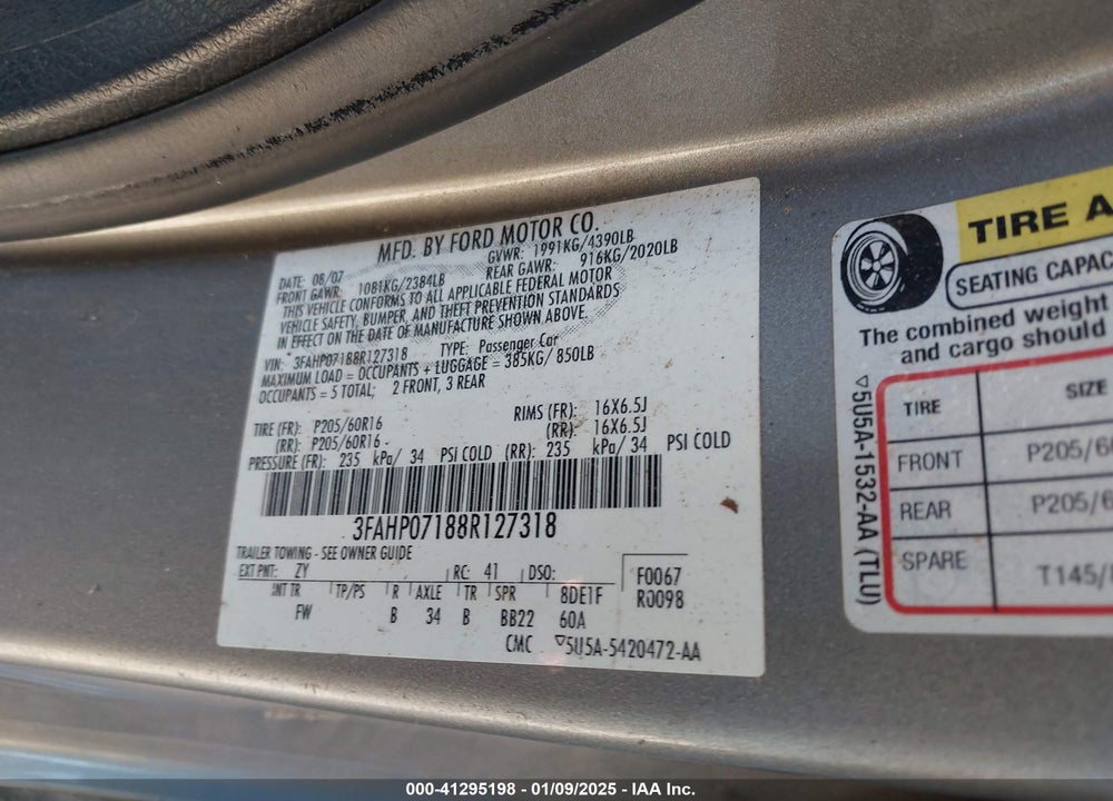2008 FORD FUSION VIN: 3FAHP07188R127318