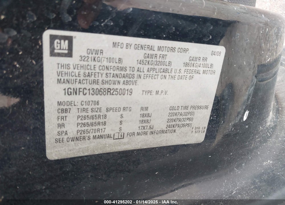 2008 CHEVROLET TAHOE LT VIN: 1GNFC13068R250019