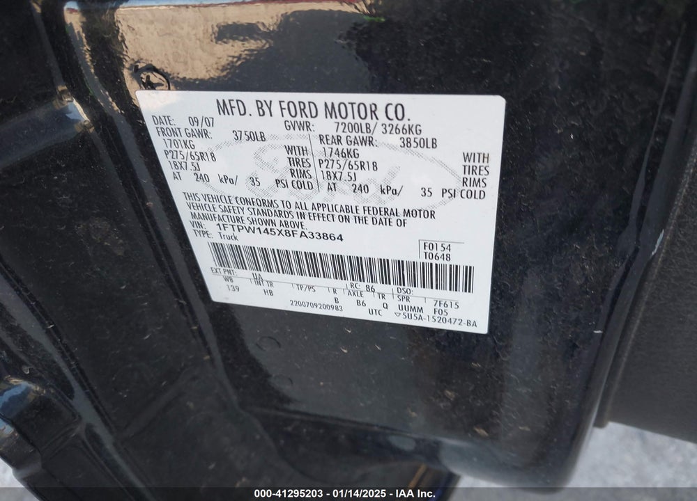 2008 FORD F-150 60TH ANNIVERSARY/FX4/KING RANCH/LARIAT/LIMITED/XLT VIN: 1FTPW145X8FA33864