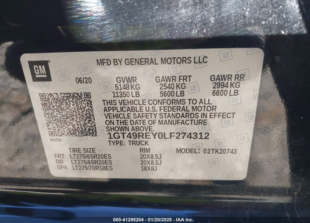2020 GMC SIERRA 2500HD 4WD  STANDARD BED DENALI VIN: 1GT49REY0LF274312