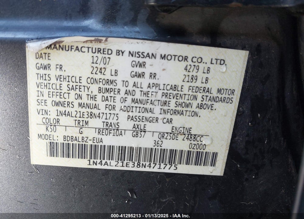 2008 NISSAN ALTIMA 2.5 S VIN: 1N4AL21E38N471775