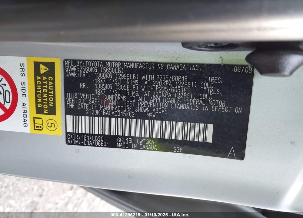 2010 LEXUS RX 350 BASE (A6) VIN: 2T2BK1BA0AC015762