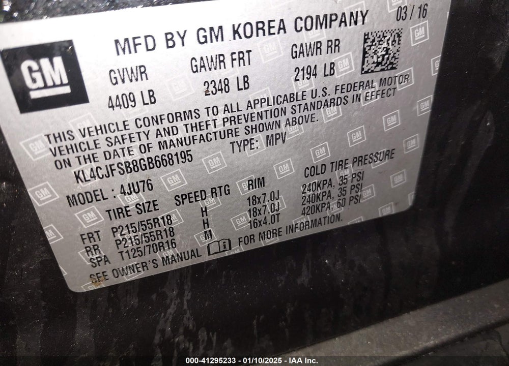 2016 BUICK ENCORE CONVENIENCE VIN: KL4CJFSB8GB668195