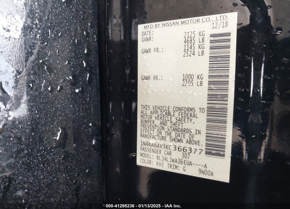 2019 NISSAN MAXIMA VIN: 1N4AA6AV3KC366377