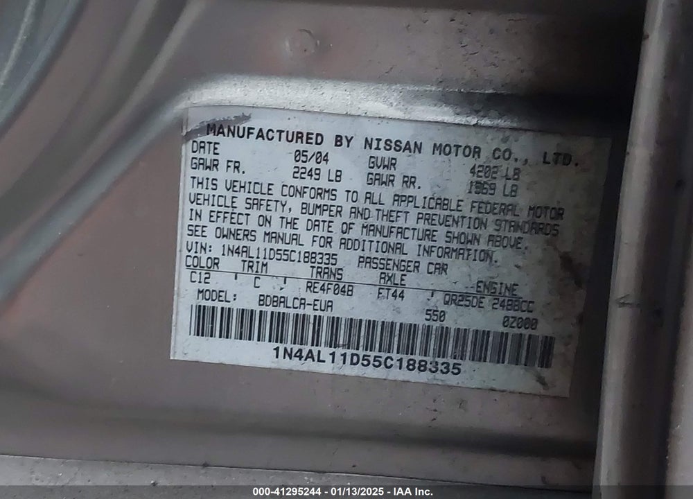 2005 NISSAN ALTIMA 2.5 S VIN: 1N4AL11D55C188335