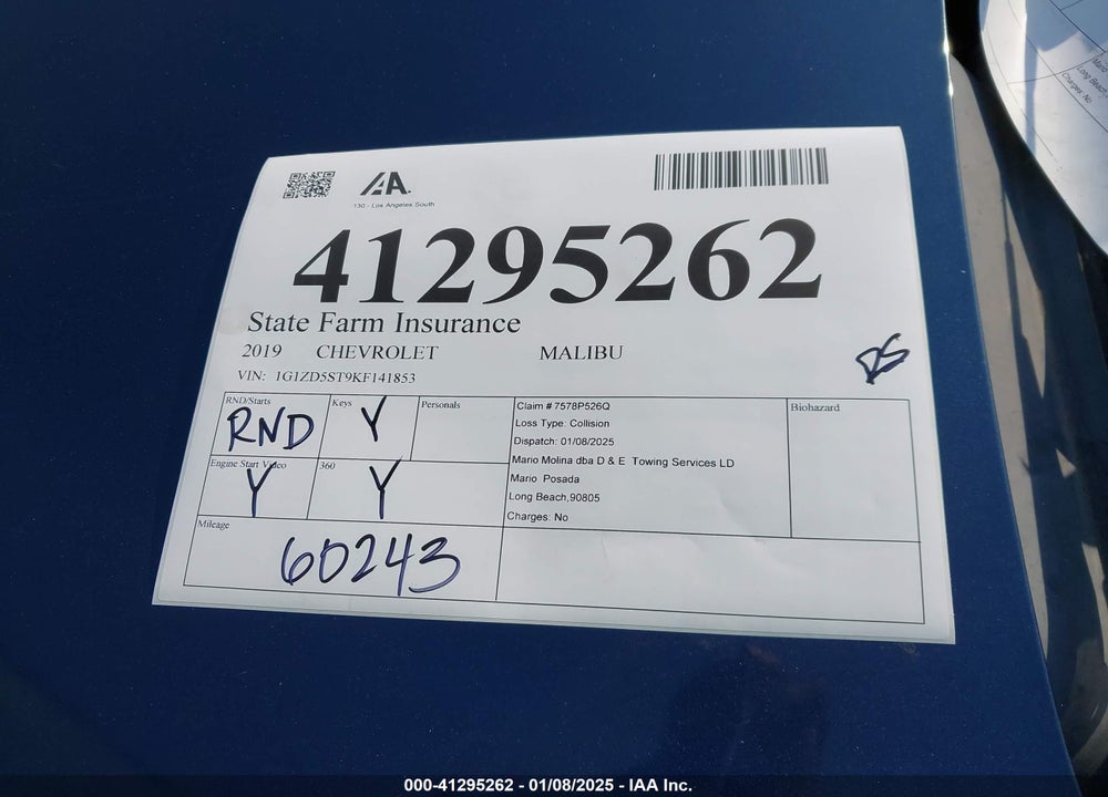 2019 CHEVROLET MALIBU VIN: 1G1ZD5ST9KF141853