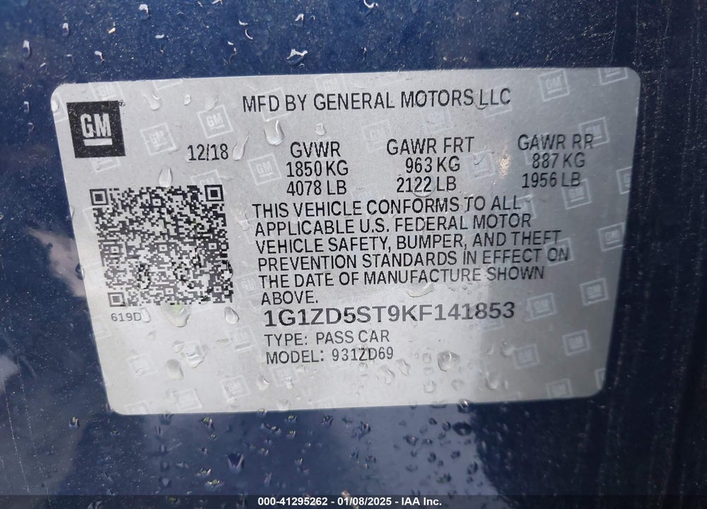2019 CHEVROLET MALIBU VIN: 1G1ZD5ST9KF141853