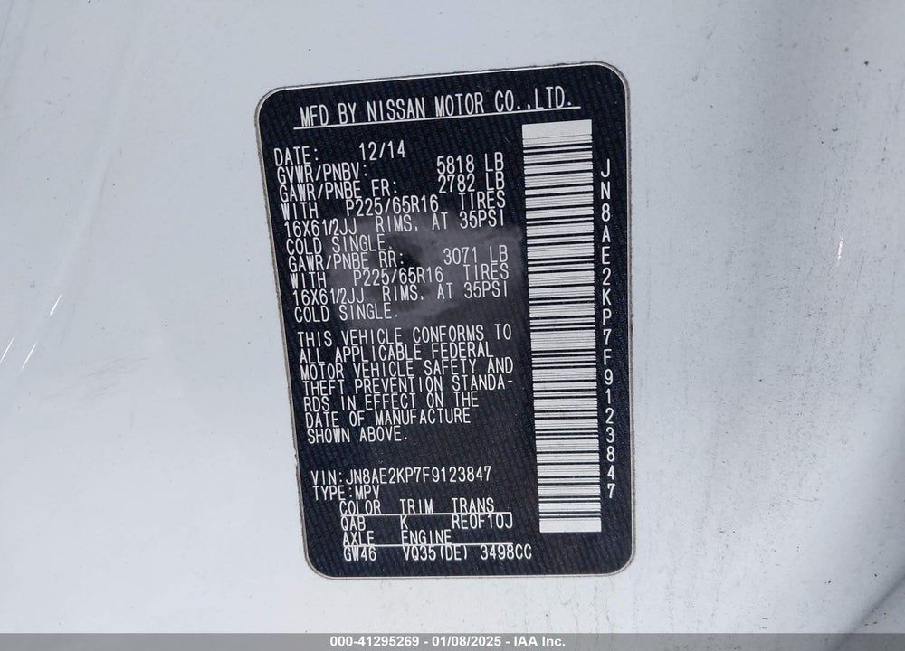 2015 NISSAN QUEST S VIN: JN8AE2KP7F9123847