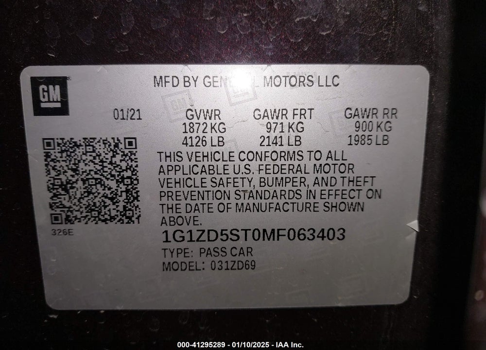 2021 CHEVROLET MALIBU VIN: 1G1ZD5ST0MF063403
