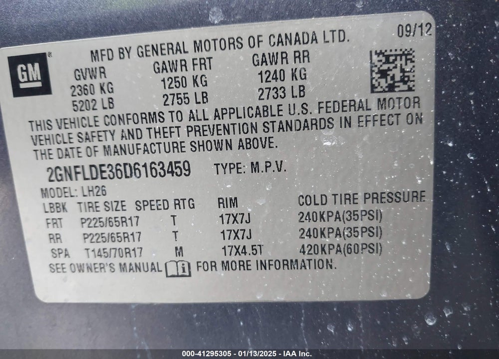 2013 CHEVROLET EQUINOX 1LT VIN: 2GNFLDE36D6163459