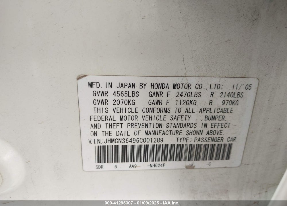 2006 HONDA ACCORD HYBRID VIN: JHMCN36496C001289