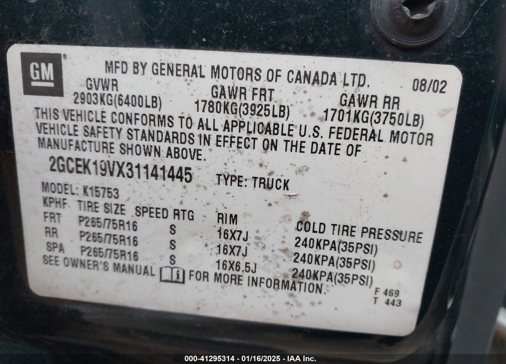2003 CHEVROLET SILVERADO 1500 LS VIN: 2GCEK19VX31141445