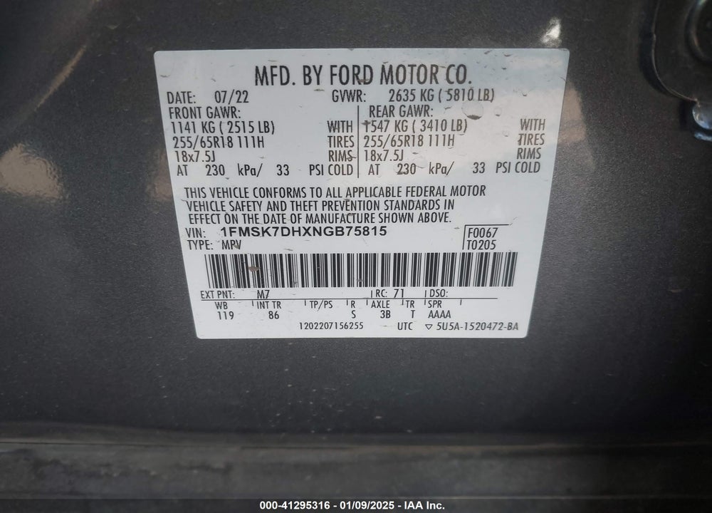 2022 FORD EXPLORER XLT VIN: 1FMSK7DHXNGB75815