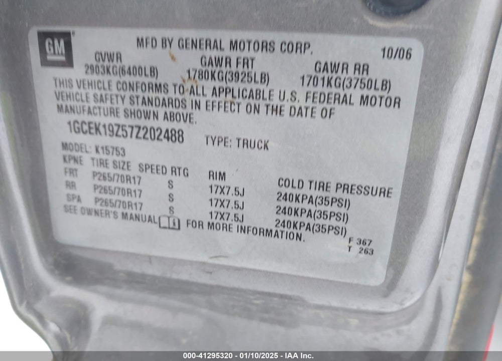 2007 CHEVROLET SILVERADO 1500 CLASSIC VIN: 1GCEK19Z57Z202488