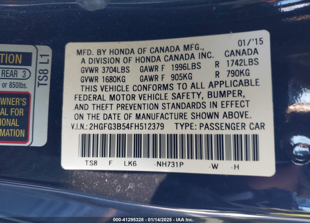 2015 HONDA CIVIC VIN: 2HGFG3B54FH512379
