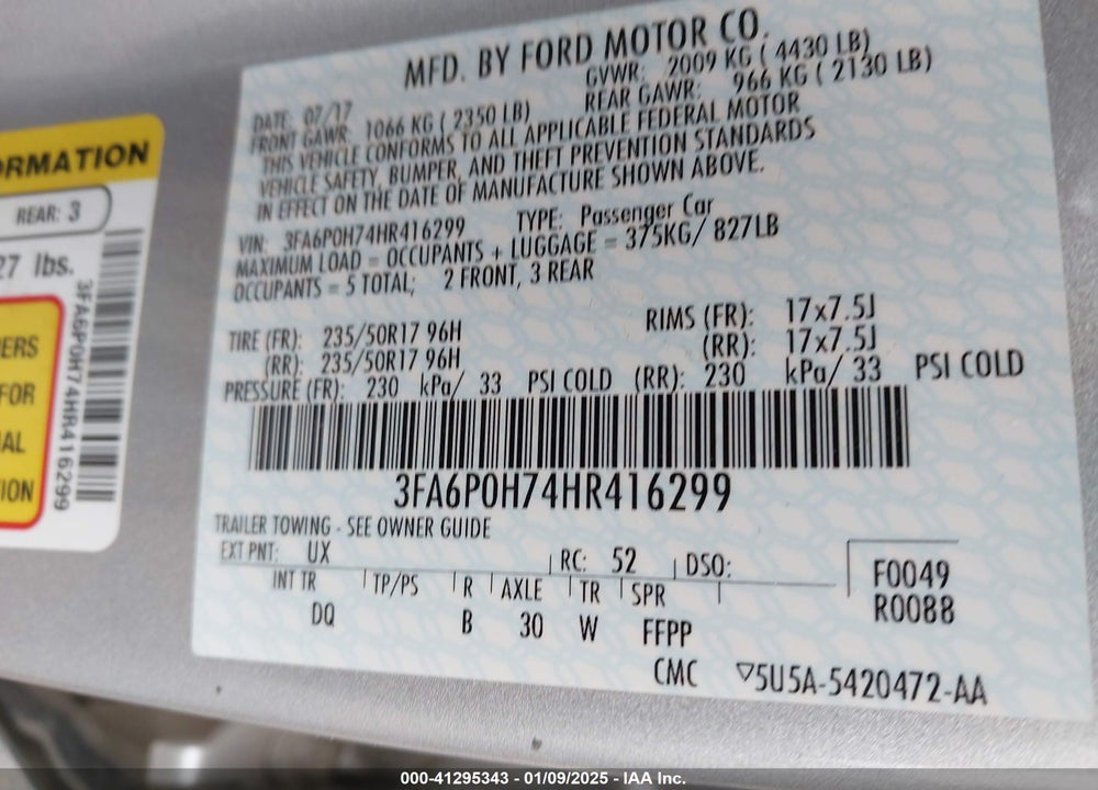2017 FORD FUSION VIN: 3FA6P0H74HR416299