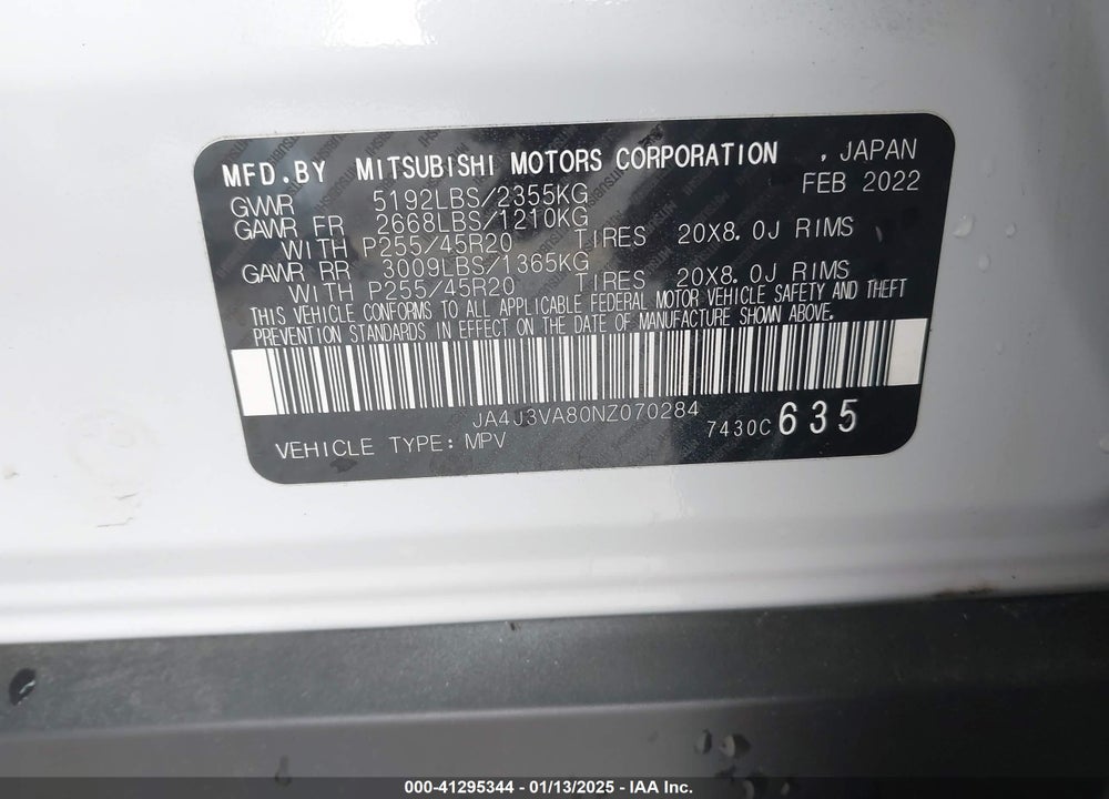 2022 MITSUBISHI OUTLANDER SEL 2.5 2WD/SEL SPECIAL EDITION 2WD VIN: JA4J3VA80NZ070284