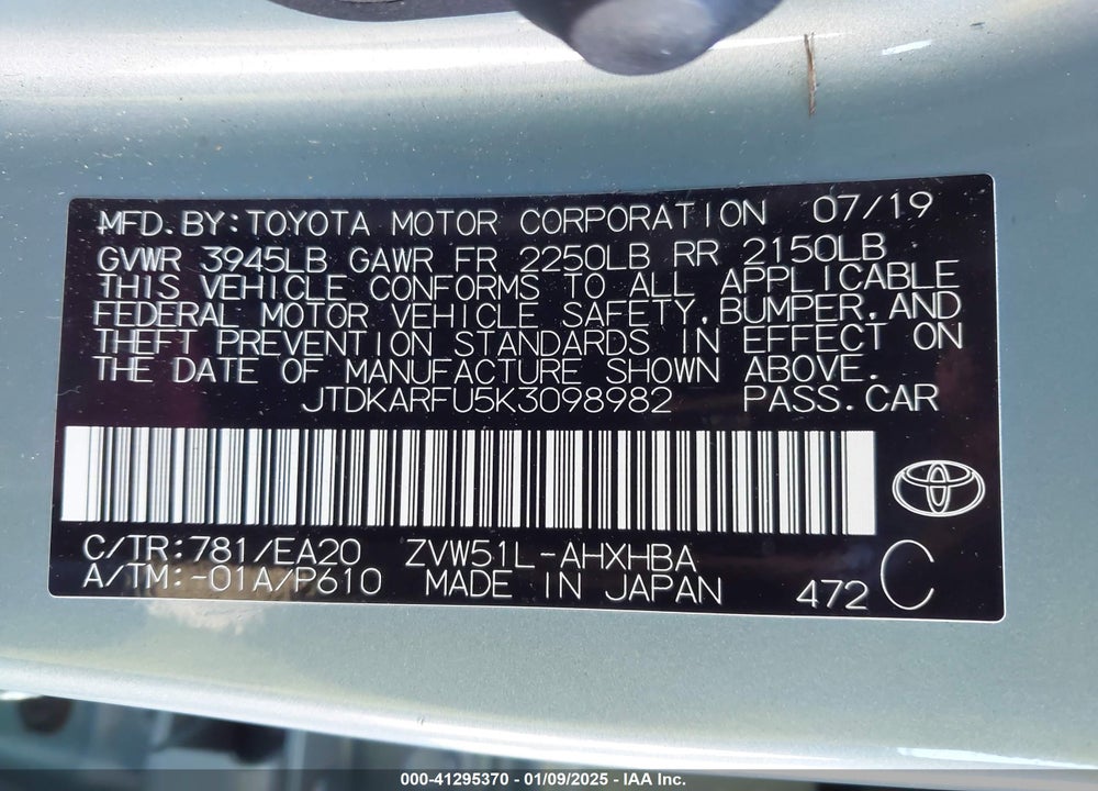 2019 TOYOTA PRIUS VIN: JTDKARFU5K3098982