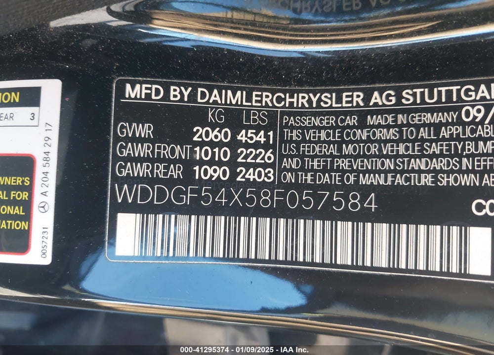 2008 MERCEDES-BENZ C VIN: WDDGF54X58F057584