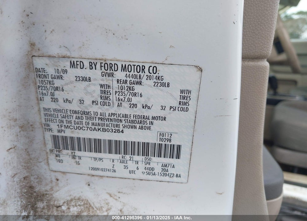2010 FORD ESCAPE XLS VIN: 1FMCU0C70AKB03284
