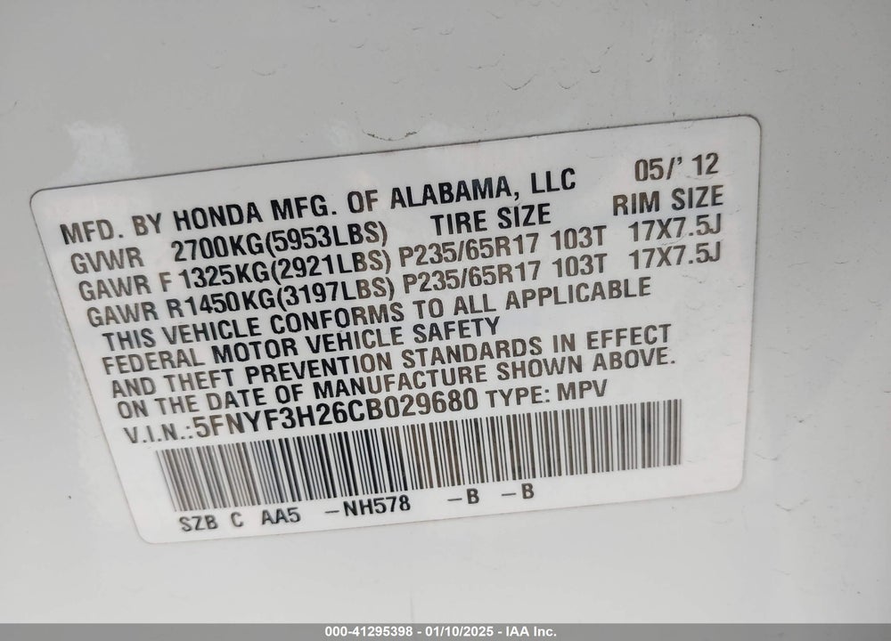 2012 HONDA PILOT LX VIN: 5FNYF3H26CB029680