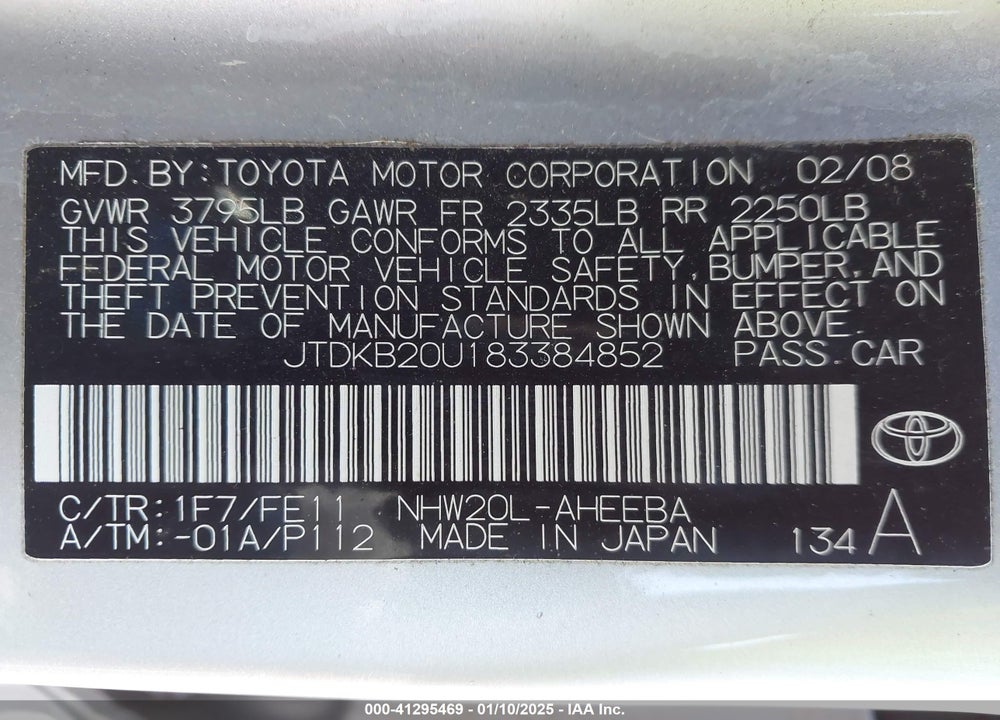 2008 TOYOTA PRIUS VIN: JTDKB20U183384852