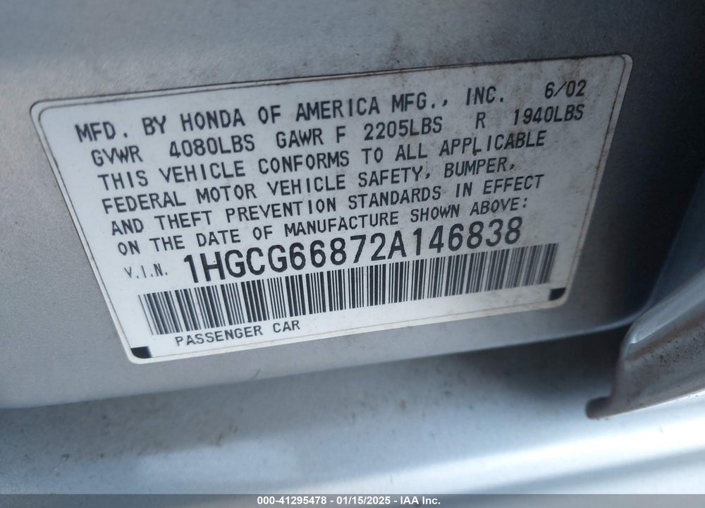 2002 HONDA ACCORD 2.3 EX/2.3 SE VIN: 1HGCG66872A146838