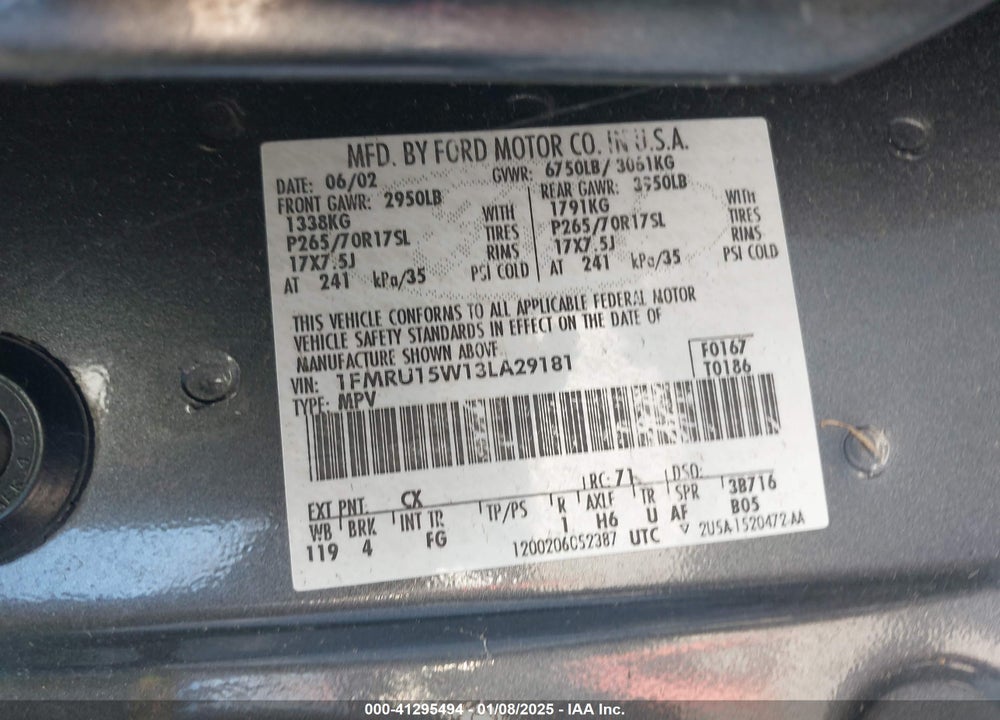 2003 FORD EXPEDITION XLT VIN: 1FMRU15W13LA29181