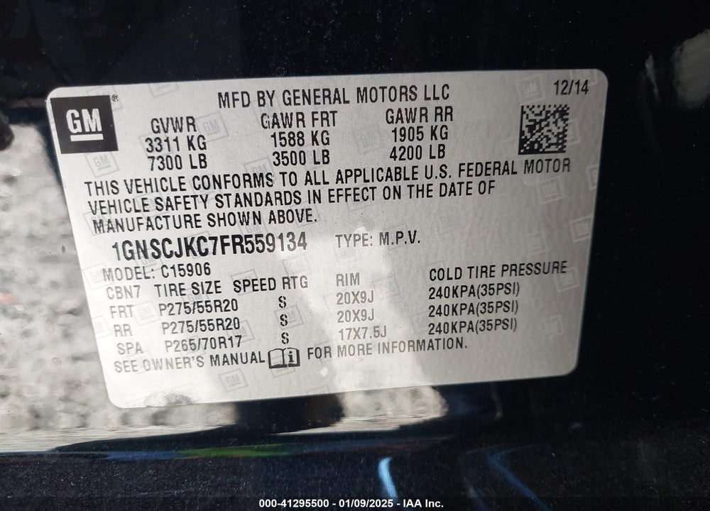 2015 CHEVROLET SUBURBAN 1500 LT VIN: 1GNSCJKC7FR559134