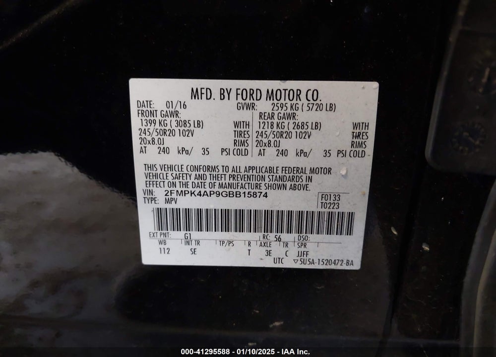 2016 FORD EDGE SPORT VIN: 2FMPK4AP9GBB15874