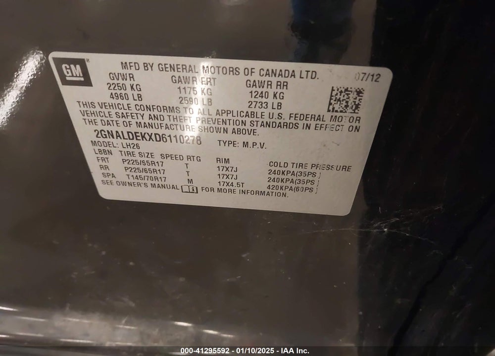 2013 CHEVROLET EQUINOX 1LT VIN: 2GNALDEKXD6110278