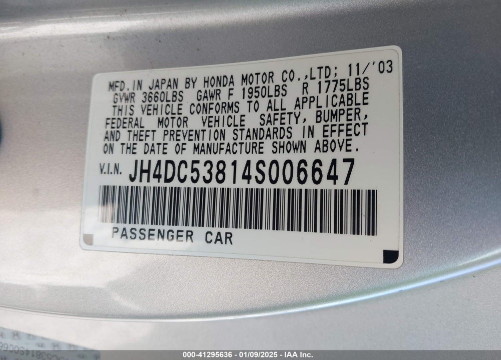 2004 ACURA RSX VIN: JH4DC53814S006647