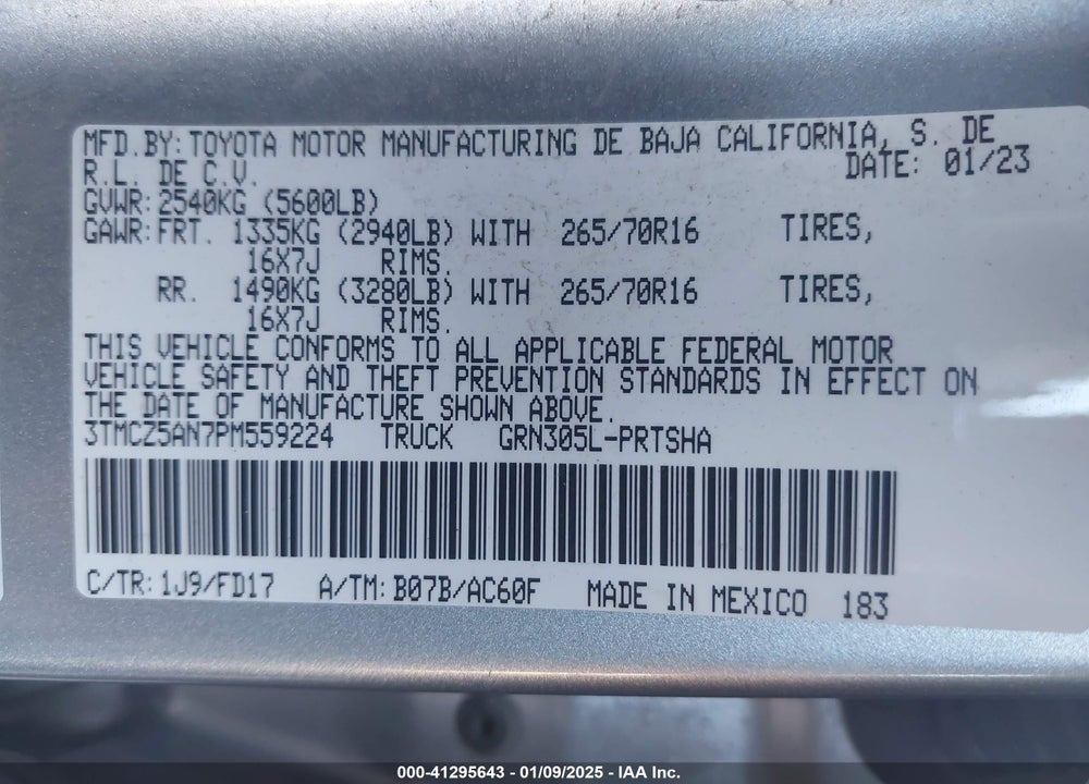 2023 TOYOTA TACOMA VIN: 3TMCZ5AN7PM559224