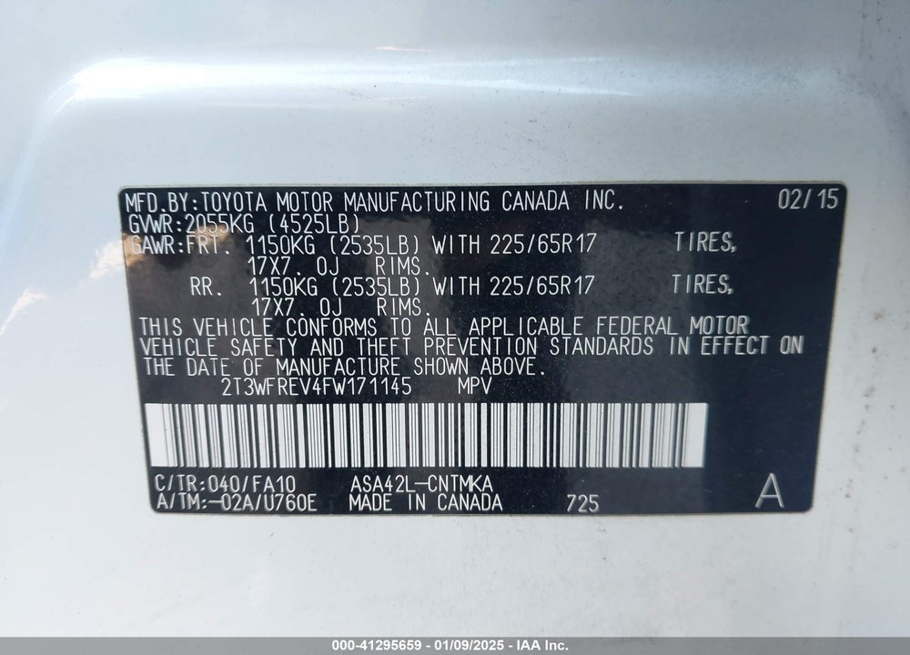 2015 TOYOTA RAV4 XLE VIN: 2T3WFREV4FW171145