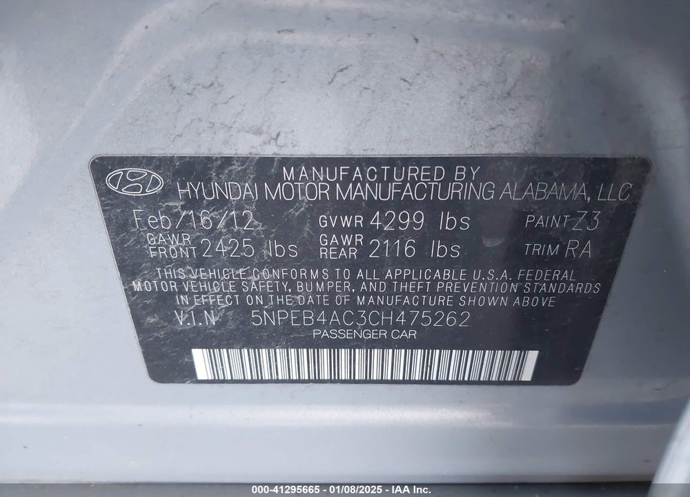 2012 HYUNDAI SONATA GLS VIN: 5NPEB4AC3CH475262
