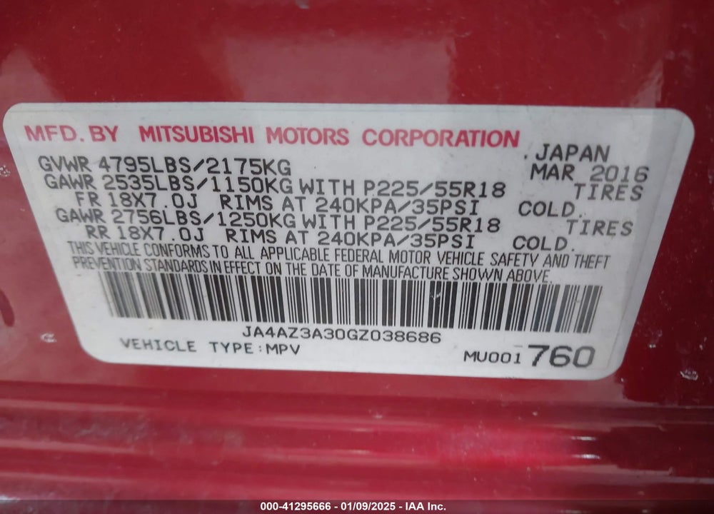 2016 MITSUBISHI OUTLANDER ES VIN: JA4AZ3A30GZ038686