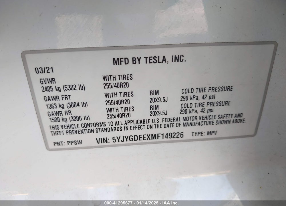 2021 TESLA MODEL Y LONG RANGE DUAL MOTOR ALL-WHEEL DRIVE VIN: 5YJYGDEEXMF149226