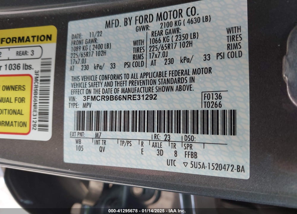 2022 FORD BRONCO SPORT VIN: 3FMCR9B66NRE31292